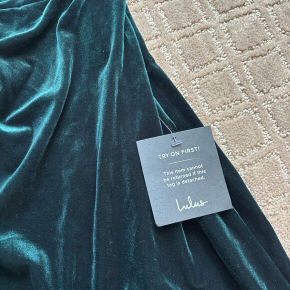 Lulus All The Luxe Velvet Dress L Emerald Green Lace One Shoulder Mini Fairy NWT - Picture 4 of 9